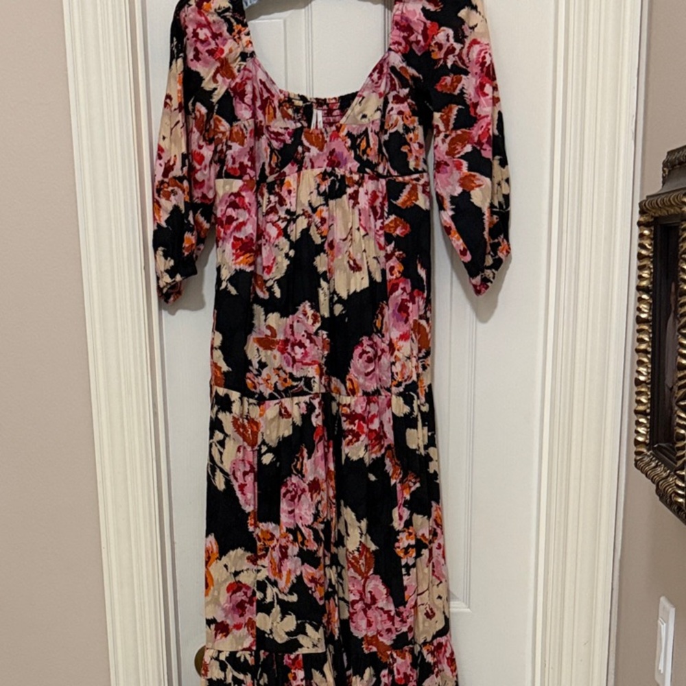 Anthropologie Black and Pink Floral Long Sleeve Dress